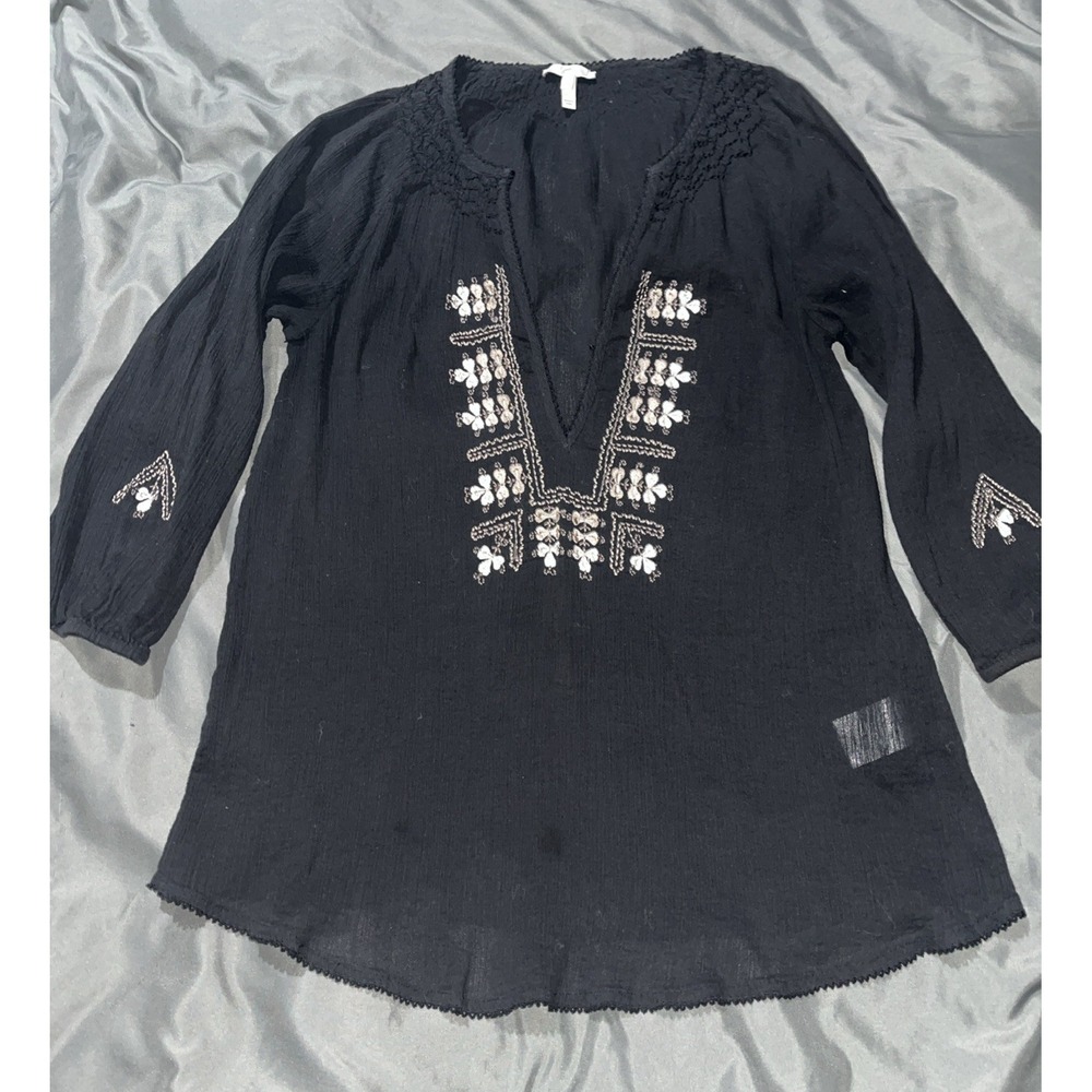 Joie Caviar Black Cotton Peasant Shirt 3/4 Sleeve V Neck Ynes Embroidery Blouse